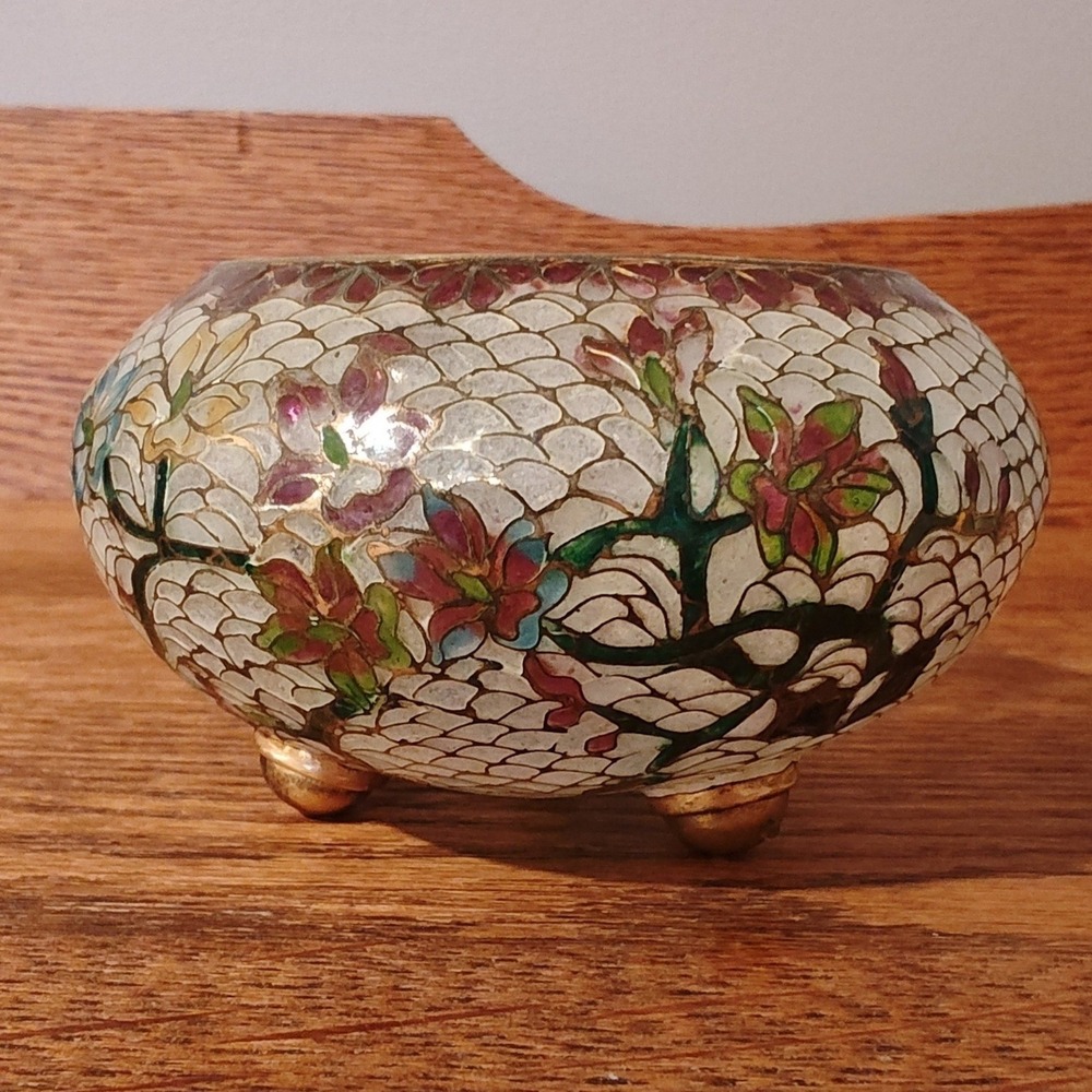 Rare Floral Plique-a-Jour Chinese Potiche 1930s Translucent Enamel Rose Bowl